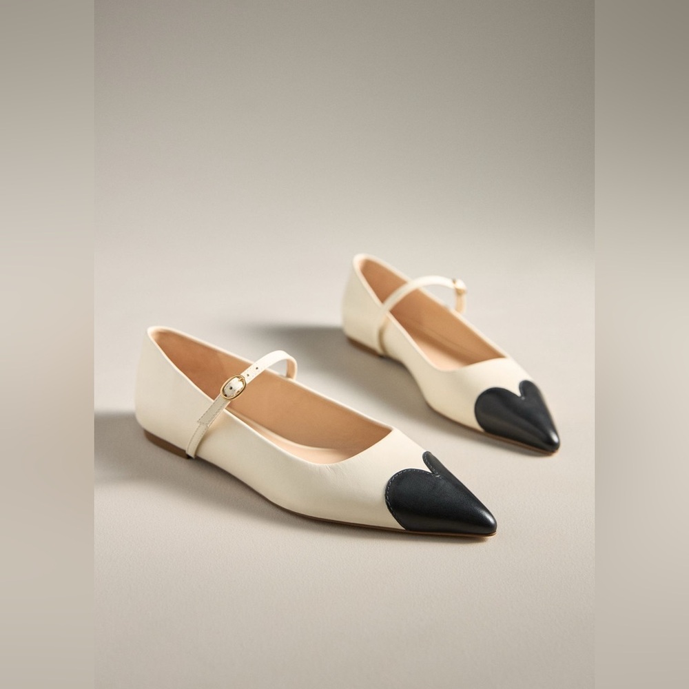 Maeve for Anthropologie Heart Cream and Black Ballet Flats with Mary Jane Strap